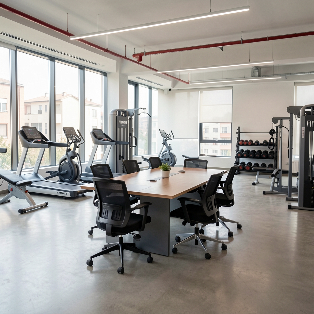Fitnexa ofisi modern açık alan çalışma ortamı; fitness ekipmanları sergi alanı ve ekip toplantı masası Eskişehir
