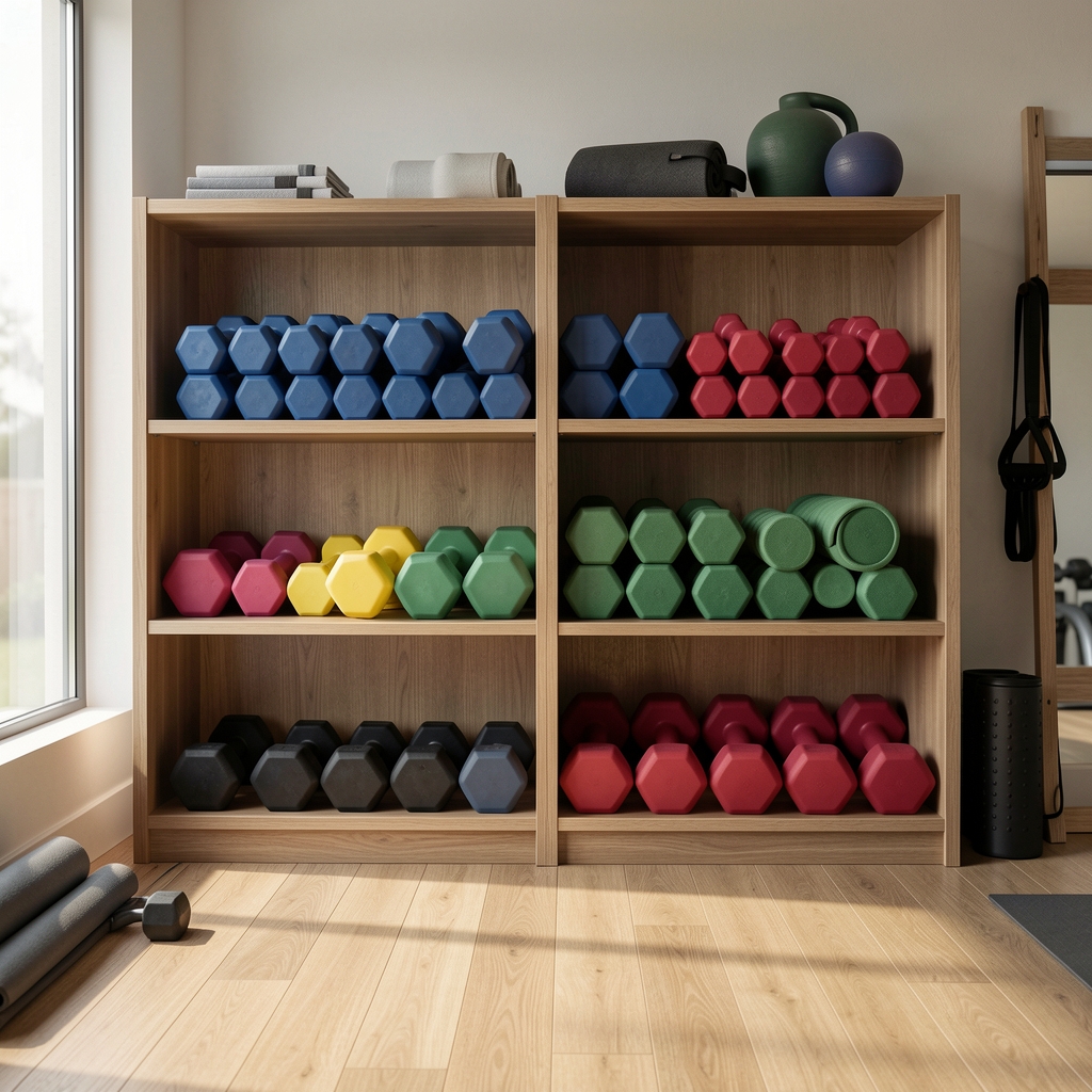 Ahşap raflarda düzenlenmiş renkli lastik kaplı dambıl seti, ev fitness alanı