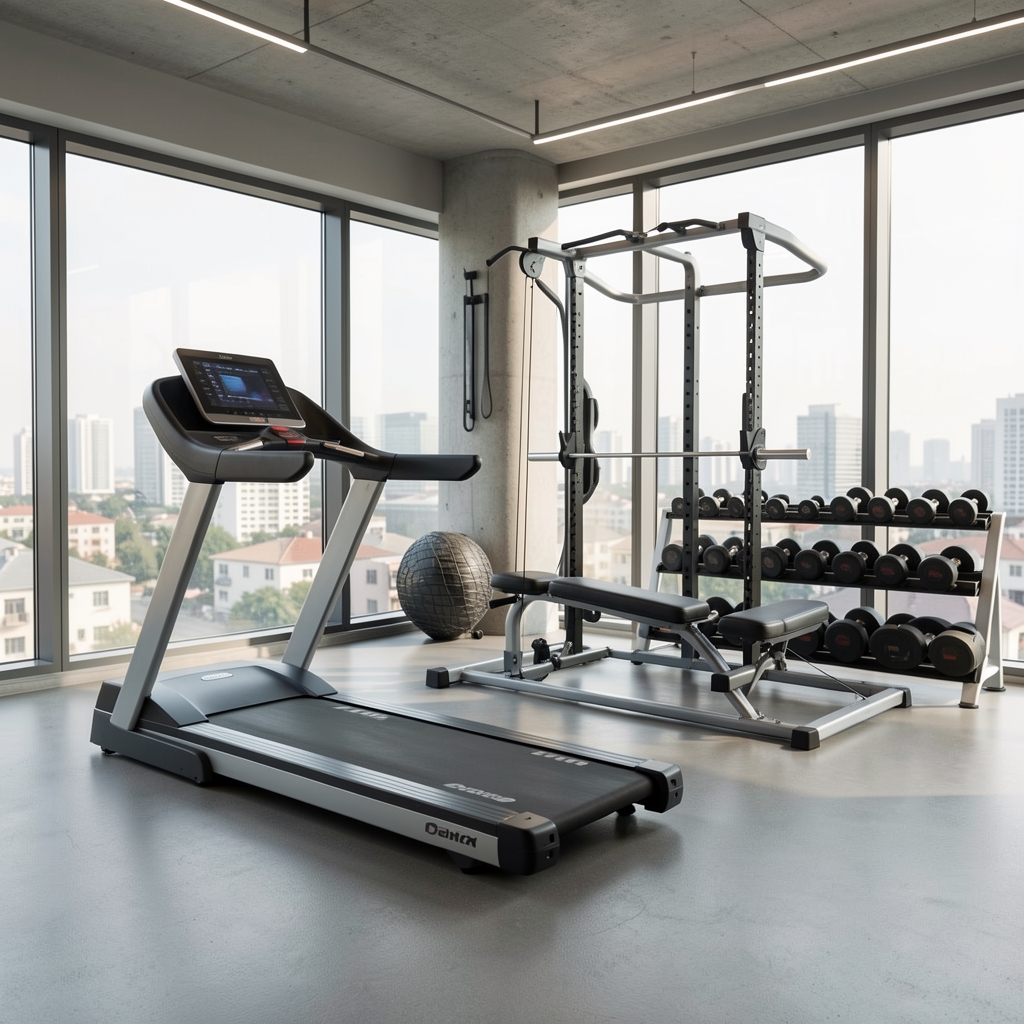 Modern ev fitness alanı kurulumu, koşu bandı ve dambıl seti ile dönüştürülmüş oda