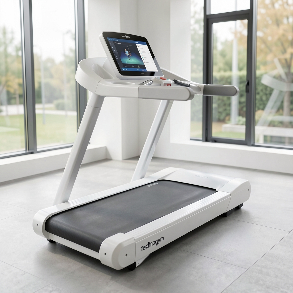 Technogym MyRun koşu bandı beyaz modern tasarım, app entegrasyonu, akıllı koçluk özelliği