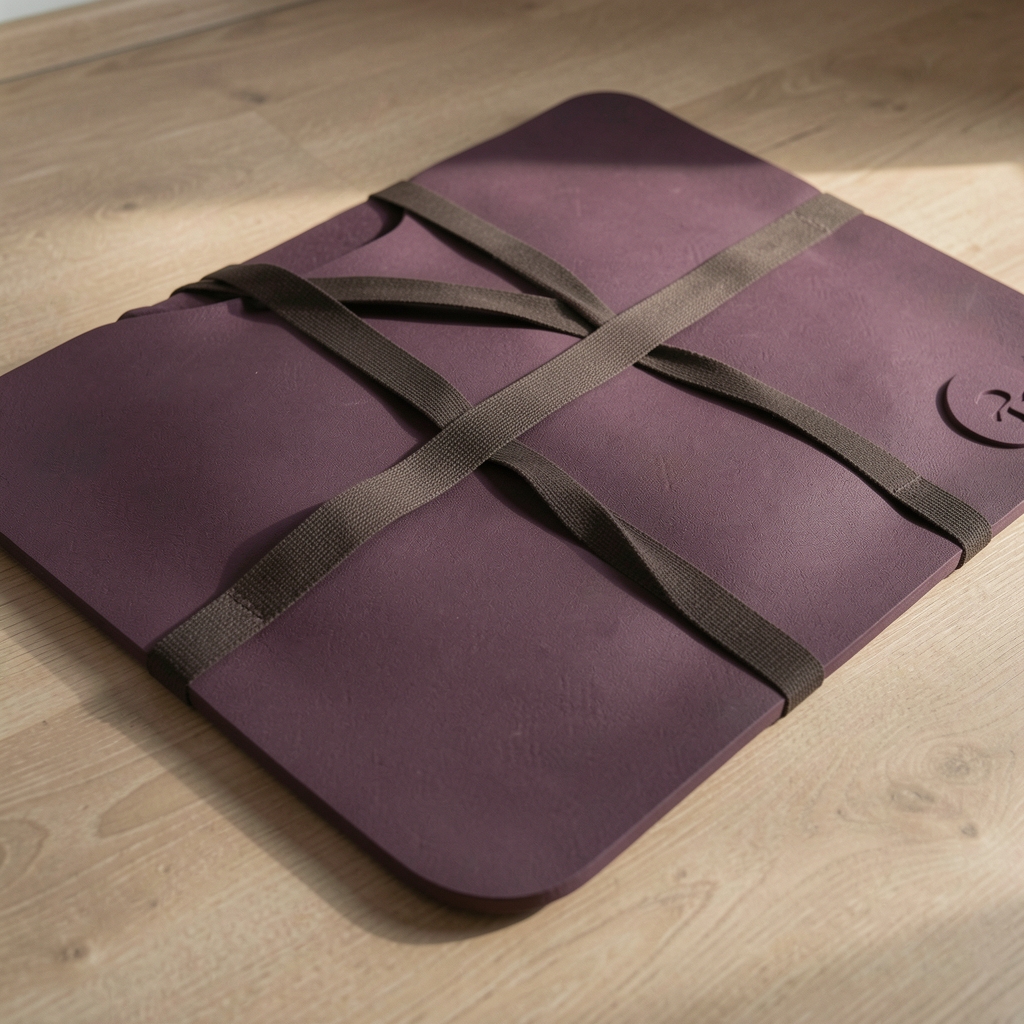 Manduka PRO mor kaymaz yoga matı katlı halinde ürün stüdyo fotoğrafı